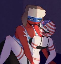 2girls artist_name black_bikini blue_eyes caught clothing countryhumans countryhumans_girl female female_only glasses glasses_on_head imminent_sex kiss_mark malinaismylife red_body russia_(countryhumans) sweat sweatdrop underwear united_states_of_america_(countryhumans) white_body yuri