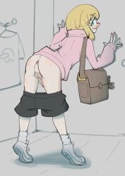 1boy against_wall anus ass balls black_pants blonde_hair bridget from_behind glasses green_eyes guilty_gear looking_back male male_only mxlovegopdng no_panties pants_down penis pink_sweater solo sweater teddy_bear