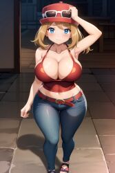 ai_generated belt belt_buckle big_breasts blonde_hair blue_jeans blush busty collarbone crop_top eyewear_on_headwear female hand_on_head hat jeans navel pokemon seraphim_ai serena_(pokemon) soft_lighting solo stable_diffusion standing