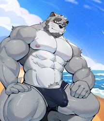 2023 anthro aquaticrecon beach beard biceps blue_clothing blue_sky blue_underwear blush blush_lines bulge clothed clothing cloud day deltoids eyewear facial_hair fur glasses goatee grey_body grey_eyes grey_fur grey_hair hair hi_res male mammal muscular muscular_anthro muscular_male muscular_thighs mustelid navel nipples otter pecs pubes sand sea seaside sideburns siggy_(storiaxion) sky smile solo underwear underwear_only water wave whiskers