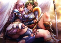 2girls alternate_costume arrow_(projectile) ass asymmetrical_docking blue_eyes boots breast_press breasts bruise corruption defeated defeated_heroine dirty female female_only female_protagonist femsub fingerless_gloves fire_emblem fire_emblem:_the_blazing_blade fire_emblem_heroes florina_(fire_emblem) gloves green_eyes green_hair horse large_ass large_breasts long_hair lyn_(brave_lady)_(fire_emblem) lyn_(fire_emblem) medium_breasts miyakura_haruto multiple_girls nintendo official_alternate_costume outdoors pegasus ponytail purple_hair quiver scar scared short_sleeves sword tearing_up tears thick_thighs thigh_boots thighs torn_clothes underwear upskirt wavy_hair weapon white_panties