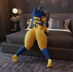 3d 3d_(artwork) 3d_model absurd_res animal_crossing ankha ankha_(animal_crossing) ankha_(hazeker) anthro bed blender_(software) blue_body blue_fur blue_hair clothing digital_media_(artwork) doubutsu_no_mori felid feline female fur furniture hair hazeker hi_res humanoid inviting_to_sex justsomeguy legwear looking_at_viewer mammal nairu_(doubutsu_no_mori) nintendo solo yellow_body yellow_fur