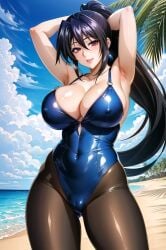 1girls ai_generated akeno_himejima black_hair curvy_body curvy_female curvy_figure female_focus female_only high_school_dxd legwear leotard mature_female pantyhose pantyhose_under_swimsuit ponytail purple_eyes solo_female solo_focus stable_diffusion swimsuit voluptuous voluptuous_female