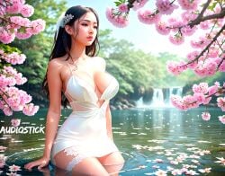 ai_generated asian asian_female audiostick breasts bridal_lingerie bride brown_hair cherry_blossoms cleavage detailed detailed_background flower flower_in_hair hi_res high_resolution highres long_hair medium_breasts petals stable_diffusion sunlight tree trees water waterfall watermark wedding_dress