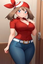 ai_generated belt belt_buckle blue_eyes blue_jeans blush brown_hair busty cleavage clothed curvy facing_forward facing_viewer female indoors jeans light_smile looking_at_viewer may_(pokemon) navel pokemon red_bandana red_shirt seraphim_ai solo stable_diffusion standing