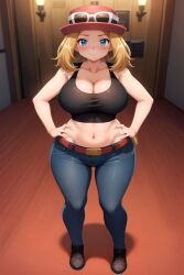 ai_generated blonde_hair blue_jeans blush busty crop_top eyewear_on_headwear facing_viewer female footwear full_body hands_on_hips hat indoors jeans looking_at_viewer navel pokemon seraphim_ai serena_(pokemon) solo stable_diffusion standing