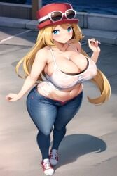 ai_generated big_areola big_breasts blonde_hair blue_eyes blue_jeans busty collarbone covered_nipples crop_top eyewear_on_headwear facing_forward female from_above full_body hat jeans light_smile looking_at_viewer navel pokemon seraphim_ai serena_(pokemon) sneakers solo stable_diffusion standing very_long_hair wide_hips