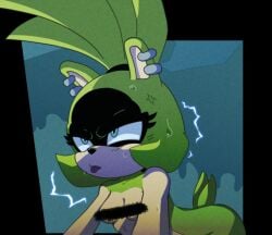 1girls all_fours anger_vein anthro blue_eyes censored censored_breasts electricity green_fur idw_comics idw_publishing mobian_(species) rafaknight-rk sega sonic_(series) sonic_the_hedgehog_(comics) sonic_the_hedgehog_(idw) sonic_the_hedgehog_(series) surge_the_tenrec tail tongue tongue_out