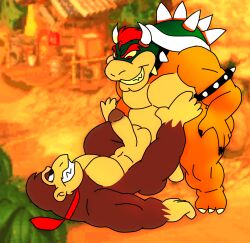 2boys anthro anthro_on_anthro ape bowser claws collar donkey_kong donkey_kong_(series) duo erection gay grin hair haplorhine hi_res horn interspecies koopa lying male male/male male_only mammal mario_(series) mostly_nude multicolored_body necktie necktie_only nintendo nude on_back penis possbooty primate red_eyes red_hair scalie smile spiked_collar spikes toe_claws two_tone_body yellow_sclera