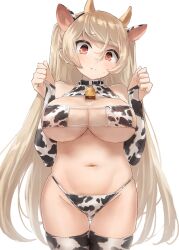 1girls animal_ears animal_print bell blonde_hair blush breasts bridal_gauntlets brown_eyes closed_mouth conte_di_cavour_(kantai_collection) cow_bikini cow_ears cow_horns cow_print cowboy_shot eyepatch_bikini female groin hair_between_eyes highres horns kantai_collection large_breasts light-skinned_female light_skin long_hair navel neck_bell shortstack simple_background solo thighhighs toka_(marchlizard) two_side_up white_background