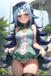 ai_generated angry_face blue_hair blush clothing eroeroai female kamishiro_rio long_hair looking_at_viewer nervous pussy_visible_through_panties red_eyes rio_kamishiro school_uniform skirt thick_thighs thighs underwear yu-gi-oh! yu-gi-oh!_zexal