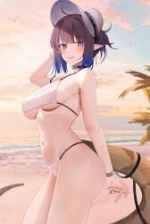 1girls arknights ass bare_shoulders beach belly big_breasts bikini bikini_bottom bikini_top black_hair blue_eyes blush bracelets breasts cap chest choker dusk ear_blush earrings embarrassed eunectes_(arknights) female female_only hair_bun hand_on_head hat jean_shorts light-skinned_female looking_at_viewer multicolored_hair nail_polish nails navel open_mouth outdoors outside pointy_ears ru_zhai short_hair short_shorts shorts shy sideboob solo standing stomach swimsuit tail tan_lines tanline tanlines thighs underboob waist wavy_mouth wet_skin white_bikini white_bikini_bottom white_bikini_top white_bra white_panties white_swimsuit