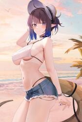 1girls :) arknights ass bare_shoulders beach belly big_breasts black_hair blue_eyes blush bra bracelets breasts cap chest choker cute dusk ear_blush earrings embarrassed eunectes_(arknights) female female_only hair_bun hand_on_head hat jean_shorts light-skinned_female looking_at_viewer multicolored_hair nail_polish nails navel outdoors outside panties panties_visible_through_clothing pointy_ears ru_zhai short_hair short_shorts shorts sideboob smile smiling smiling_at_viewer solo standing stomach tail tan_lines tanline tanlines thighs underboob waist wet_skin white_bikini white_bikini_top white_bra