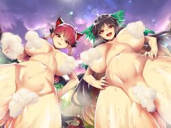 2girls areolae big_breasts big_thighs breasts busty completely_nude completely_nude_female curvy erect_nipples female hot_spring huge_breasts huge_thighs large_breasts looking_down looking_down_at_viewer multiple_girls nipples nude nude_female pussy rin_kaenbyou thick_thighs thighs touhou umigarasu_(kitsune1963) utsuho_reiuji wet wet_body