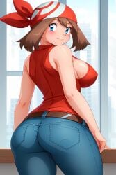 ai_generated arms_at_sides belt big_ass big_breasts blue_eyes blue_jeans blush brown_hair busty cleavage female from_behind jeans light_smile looking_at_viewer looking_back may_(pokemon) pokemon red_bandana red_shirt seraphim_ai smile solo stable_diffusion standing