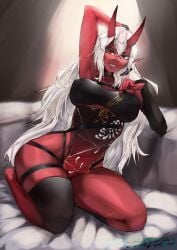 akumi big_breasts female glinter oni oni_female oni_horns red_skin virtual_youtuber vyugen white_hair wide_hips yellow_eyes