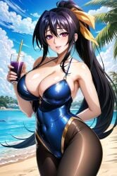 1girls ai_generated akeno_himejima black_hair curvaceous curvy_body curvy_figure female_focus female_only high_school_dxd legwear leotard long_hair looking_at_viewer mature_female pantyhose pantyhose_under_swimsuit ponytail purple_eyes solo_female solo_focus stable_diffusion swimsuit voluptuous_female