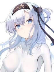 black_headband blue_eyes bodysuit calin covered_collarbone female hachimaki headband impossible_bodysuit impossible_clothes kantai_collection long_hair looking_at_viewer one_side_up simple_background solo suzutsuki_(kantai_collection) upper_body white_background white_bodysuit white_hair