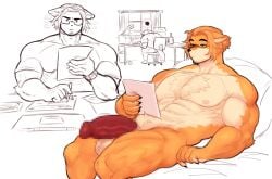 anthro body_hair canid canine canis chest_hair claws clock domestic_dog eyewear facial_hair glasses hair hair_bun hi_res kenjosart male mammal muscular muscular_male orange_body paperwork solo stressed taxes warren_(kenjo) watch