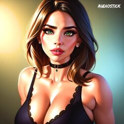 ai_generated audiostick blush breasts brown_hair choker cleavage collarbone detailed earrings eyelashes eyeliner green_eyes large_breasts lips lipstick looking_at_viewer medium_hair parted_lips seductive stable_diffusion teeth teeth_showing