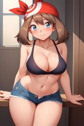 ai_generated big_breasts blue_eyes blush brown_hair busty cleavage curvy denim_shorts facing_forward female hands_on_table light_smile looking_at_viewer may_(pokemon) pokemon red_bandana seraphim_ai solo sports_bra stable_diffusion unbuttoned