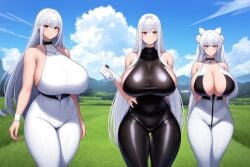 3girls ai_generated arms_behind_back black_clothes cleavage clothed_female curvy_female daytime huge_breasts jumpsuit long_hair looking_at_viewer original_character rural smiling thick_thighs white_clothes white_hair