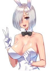 :d alternate_costume animal_ears bare_shoulders black_bow black_bowtie blue_eyes bow bowtie breasts cleavage collarbone detached_collar fake_animal_ears female gloves grey_hair hair_ornament hair_over_one_eye hairclip hamakaze_(kantai_collection) hands_up highres kantai_collection large_breasts leotard looking_at_viewer playboy_bunny quanero rabbit_ears short_hair smile solo strapless strapless_leotard teeth upper_body v white_background white_leotard