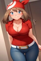 ai_generated arms_at_sides belt belt_buckle big_breasts blue_eyes blue_jeans brown_hair busty cleavage facing_viewer female indoors jeans light_smile looking_at_viewer may_(pokemon) pokemon red_bandana red_shirt seraphim_ai solo stable_diffusion standing