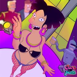 1girls 2021 3boys absurd_res alcohol amy_wong artist_logo artist_name beer bender_bending_rodriguez bikini cocosashax color digital_media_(artwork) ear_piercing earrings fishnet_legwear fishnets futurama glowstick glowstick_bracelet nightclub scruffy_(futurama) thong zapp_brannigan