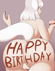 1girls ass ass_focus back back_view bangs bare_back bare_thighs body_writing brown_eyes chocolate completely_nude english_text female female_only fire_emblem fire_emblem_fates food_play happy_birthday huge_ass looking_at_viewer looking_back medium_hair nintendo nude nude_female pussy smile solo superllama tail text thick_thighs thighs velouria_(fire_emblem) white_hair wolf_girl