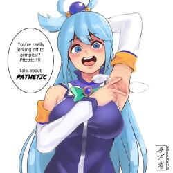 1girls aqua_(konosuba) armpit_fetish armpits blue_eyes blue_hair broach clothed female female_only hand_behind_head humiliation kono_subarashii_sekai_ni_shukufuku_wo! long_hair matching_hair/eyes open_mouth presenting_armpit simple_background sleeves solo speech_bubble spreading_armpit standing upper_body white_background yotahen