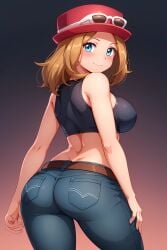 ai_generated arms_at_sides belt blonde_hair blue_jeans blush busty covered_nipples crop_top eyewear_on_headwear female from_behind gradient_background hat jeans looking_at_viewer navel pokemon seraphim_ai serena_(pokemon) short_hair smile solo stable_diffusion standing turquoise_eyes