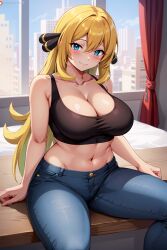 ai_generated big_breasts blonde_hair blue_eyes blue_jeans blush busty cleavage crop_top cynthia_(pokemon) female hair_ornament indoors jeans long_hair navel pokemon seraphim_ai sitting smile solo stable_diffusion