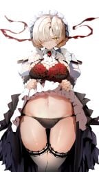 alternate_breast_size azur_lane black_dress black_panties blonde_hair blush braid breasts cleavage clothes_lift dress dress_lift expressionless female frilled_dress frills frown groin hair_over_one_eye hands_up hip_focus lace-trimmed_thighhighs large_breasts lifted_by_self long_sleeves maid_headdress midriff navel panties raru_(nanaharararu) red_ribbon ribbon sheffield_(meta)_(azur_lane) short_hair solo thigh_gap thighhighs thighs underwear yellow_eyes