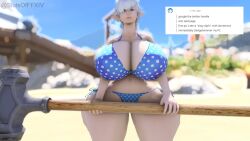 1boy alphinaud_leveilleur beach bikini busty_boy elezen final_fantasy final_fantasy_xiv gigantic_breasts gpose(ffxiv) hammer male_only slutsofffxiv solo tagme white_hair