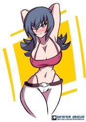 armpits breasts crop_top jardricksketch legwear light-skinned_female light_skin looking_at_viewer nipple_bulge one_eye_closed pink_crop_top pokemon pokemon_hgss pokemon_rgby sabrina_(pokemon) sabrina_(pokemon_hgss) spaghetti_strap thighs