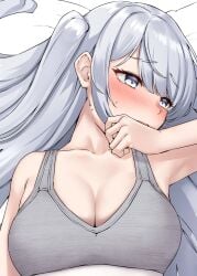 1girls bra breasts cleavage female fuyutsuki_(kantai_collection) grey_bra grey_eyes grey_hair highres kantai_collection kiritto large_breasts light-skinned_female light_skin long_hair looking_away looking_to_the_side lying one_side_up solo sweat underwear upper_body very_long_hair