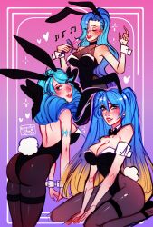 2020s 2023 3girls artist_logo artist_name ass ass_focus big_breasts black_collar blue_eyes blue_hair blush blush bowtie bowtie_collar breasts bunny_costume bunny_ears_(cosmetic) bunny_hair_ornament bunny_suit bunny_tail closed_eyes clothed_female collar cuffs_(clothing) cute dat_ass earrings embarrassed eyebrows_visible_through_hair eyelashes_visible_through_hair eyes_visible_through_hair female female_only gradient_hair gwen_(league_of_legends) large_breasts league_of_legends leggings long_hair looking_at_viewer looking_back looking_back_at_viewer music_note ponytail poposhirat riot_games seraphine_(league_of_legends) simple_background singing smiling smiling_at_viewer sona_buvelle thick_thighs twin_drills twintails wide_hips yellow_hair