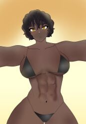 1girls 2d amber_eyes big_ass big_breasts big_butt bikini bikini_armor bikini_top black_bikini black_hair black_lingerie body breasts brown_body brown_nose brown_skin curly_hair female leaning leaning_on_object lilith_kelly nervous short_bikini short_hair six_pack strong_woman therealjean thick_ass thick_thighs tomboy twilight