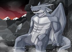 abs absurd_res anthro biped closed_eyes countershade_torso countershading dragon fangs grey_body grey_scales hi_res horn hot_spring ivxair3p male male_only muscular muscular_anthro nude open_mouth outside partially_submerged reptile scales scalie slit solo teeth water wings