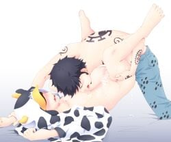 2boys anal anal_sex ass_up atora back_tattoo barefoot bodysuit bottomless censored covered_eyes cow_costume cow_ears cow_horns cow_print drooling feet_up full_body gay hat headwear hood implied_anal jeans kigurumi legs_up long_sideburns male male_only on_back one_piece open_clothes penguin_(one_piece) shaded_face sideburns sweat tattoo tattoos tongue_out topless_male trafalgar_law wrist_grab yaoi