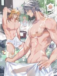 aether_(genshin_impact) alhaitham_(genshin_impact) bathing big_penis bulge bulge_through_clothing cuppydraws cute_male genshin_impact golden_hair hot_spring kaveh_(genshin_impact) male_only nosebleed see-through see-through_penis towel