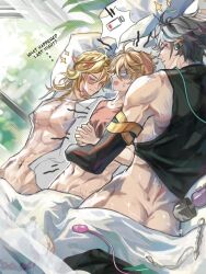 aether_(genshin_impact) alhaitham_(genshin_impact) big_ass cuppydraws drained genshin_impact golden_hair kaveh_(genshin_impact) male_only morning pillow post_sex sex_toy sleeping used_condom vibrator_wand