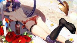 1girls 2023 ass ass_focus back beach bikini cluseller day feet hi_res horns legs legwear looking_at_viewer lying no_shoes on_stomach onigiri_(vtuber) outside purple_hair sand sideboob solo swimsuit tail thigh_strap virtual_youtuber yellow_eyes