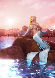 1girls 3d big_breasts blizzard_entertainment blonde_hair blue_eyes blue_tail female female_only jaina_proudmoore jpeg lidcarter light-skinned_female light_skin mermaid signature solo theramore warcraft water world_of_warcraft