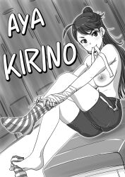 1girls ahoge bandage bandaged_hand blush cameltoe character_name earrings idolmaster kirino_aya large_breasts long_hair monochrome nozarashi_satoru shorts socks solo striped_socks topless