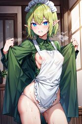 ai_generated blue_eyes breasts dungeon_ni_deai_wo_motomeru_no_wa_machigatteiru_darou_ka elf elf_ears green_hair maid nipples panties ryuu_lion short_hair white_panties