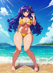 1girls ai_generated azur_lane beach bikini female female_only hi_res large_breasts light-skinned_female light_skin mabi_ai pola_(azur_lane) purple_hair red_eyes solo swimsuit thick_thighs twintails wet yellow_bikini