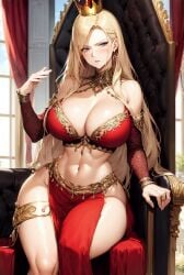 1girls 2023 ai_generated ai_hands attack_on_titan bangs big_breasts blonde_hair blue_eyes breasts_bigger_than_head cleavage clothed_female crown curvaceous curvy_body curvy_figure disappointed disapproval earrings frowning furrowed_brow gold_jewelry gold_trim hair_between_eyes hi_res historia_reiss hourglass_figure huge_breasts jewelry large_breasts long_hair looking_at_viewer mature mature_female milf navel necklace princess queen red_dress royalty scowl sitting sitting_on_throne solo_female solo_focus stable_diffusion throne