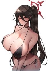 1girls bikini black_bikini black_hair blue_archive blush breasts embarrassed female halo hasumi_(blue_archive) hips huge_breasts light-skinned_female light_skin long_hair massive_breasts ponytail red_eyes simple_background solo thick_thighs thighs unbeller wide_hips